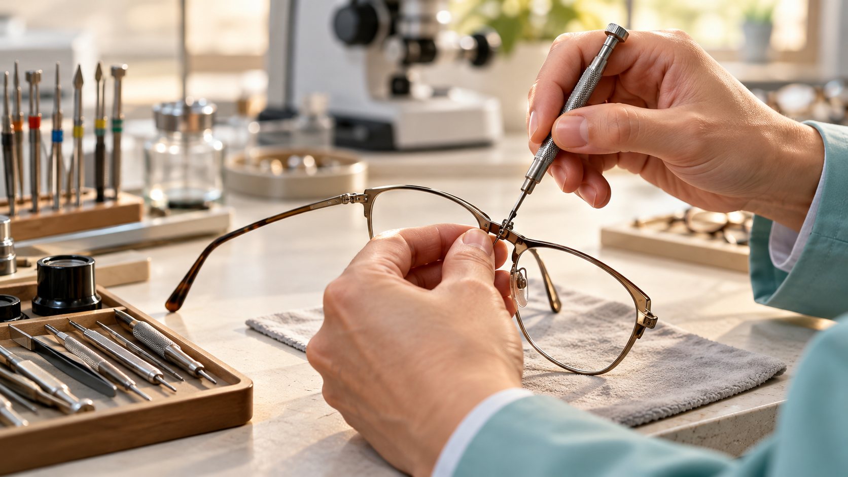 Optical repair concept showing a technician adjusting an eyewear frame