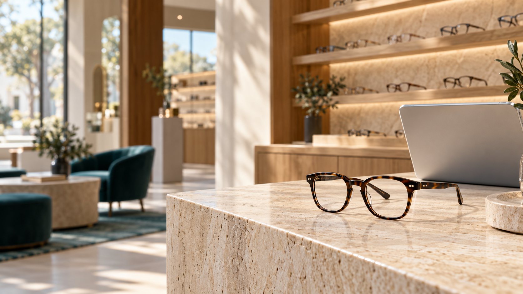 Concept illustration of an optical boutique and eyewear at the sales counter